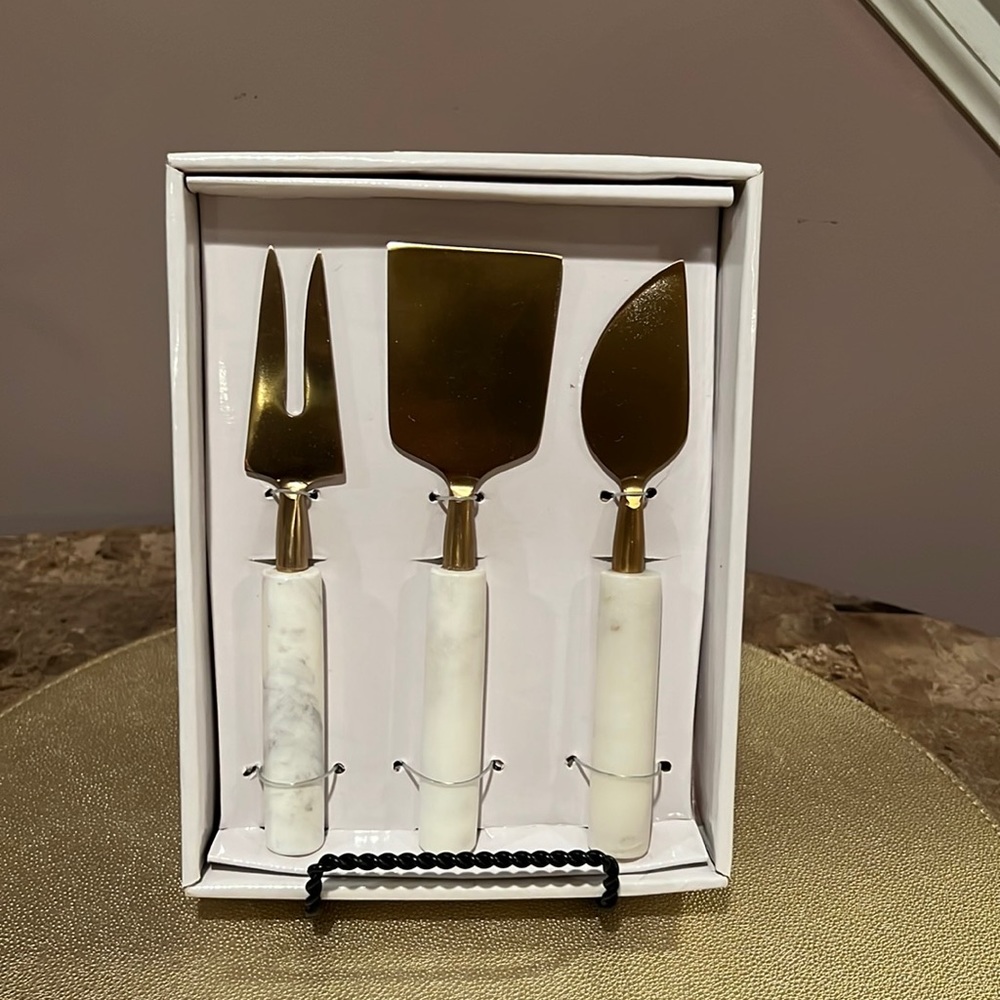 Thirtystone Set/3 Gold Cheese Tools with Marble Handles